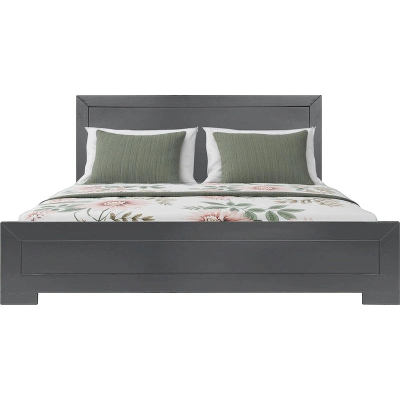 Base de cama queen de madera gris con paneles incrustados, individual