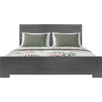 Base de cama queen de madera gris con paneles incrustados, individual