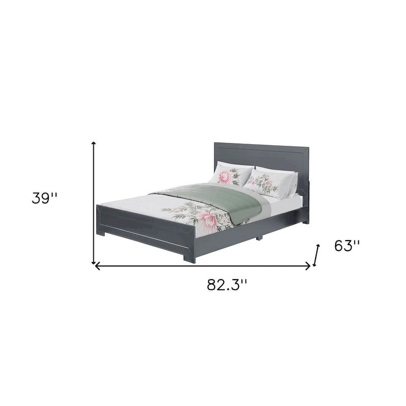 Base de cama queen de madera gris con paneles incrustados, individual