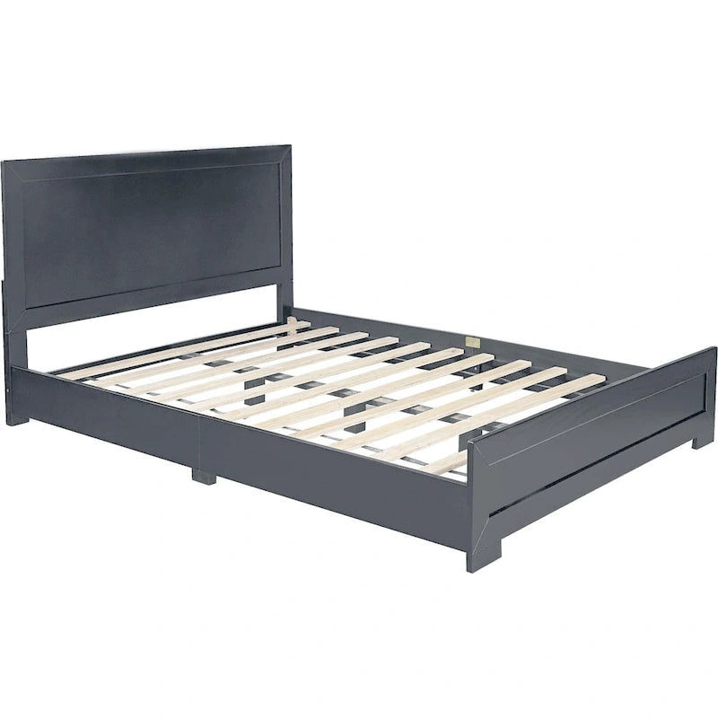 Base de cama queen de madera gris con paneles incrustados, individual