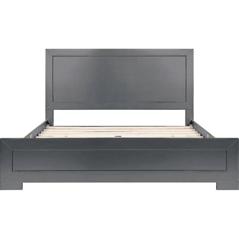 Base de cama queen de madera gris con paneles incrustados, individual