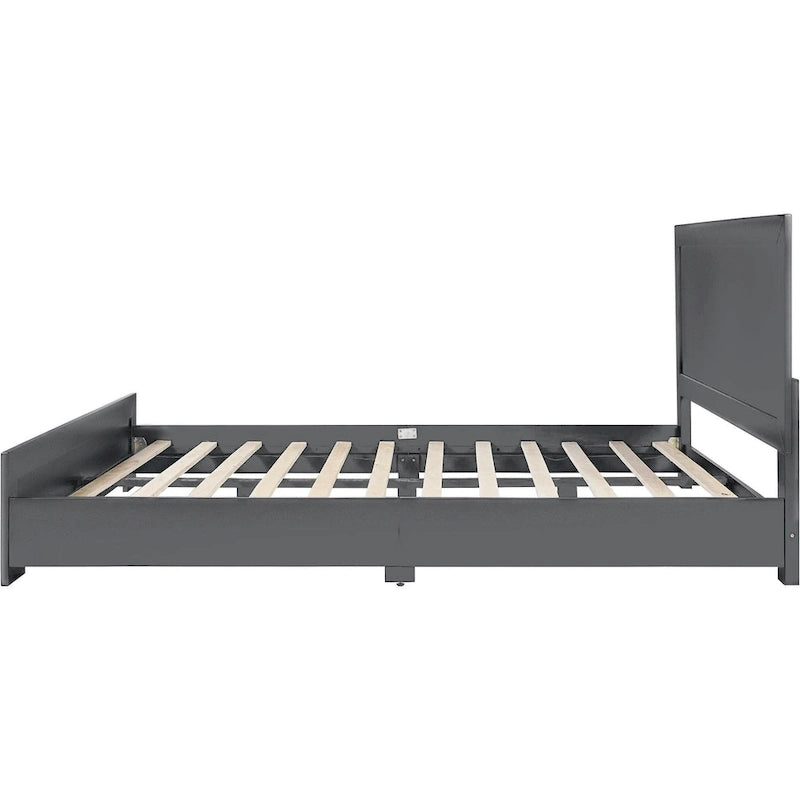 Base de cama queen de madera gris con paneles incrustados, individual