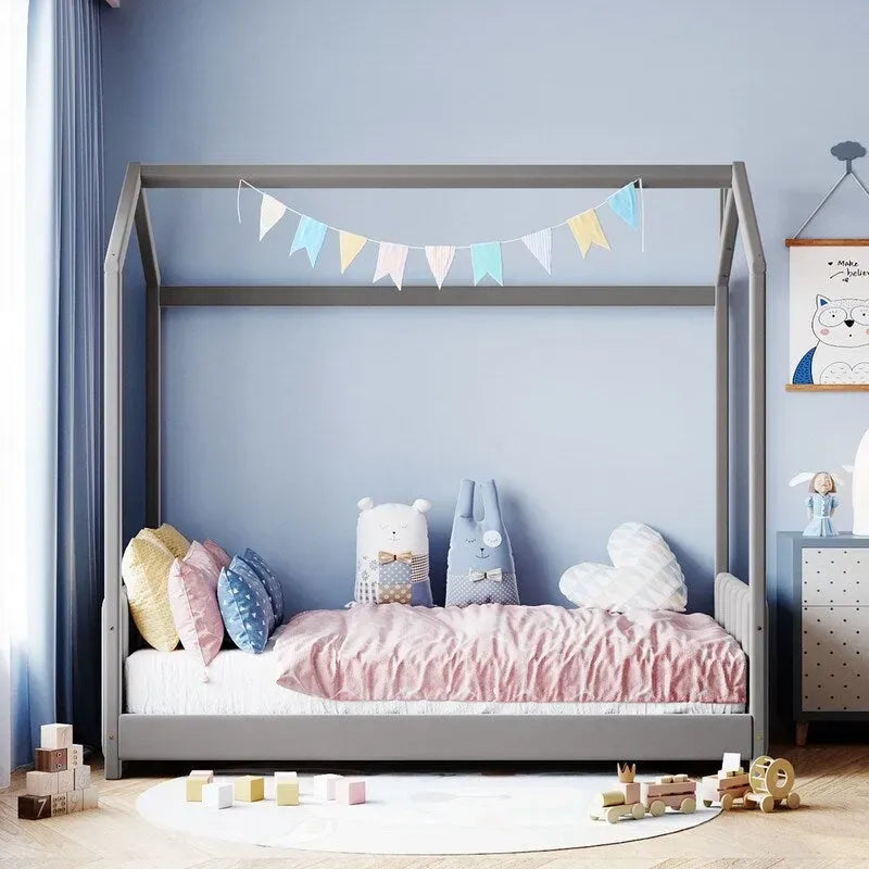 Cama Nido Individual de Terciopelo Gris, 1 Niño, Estructura de Suelo