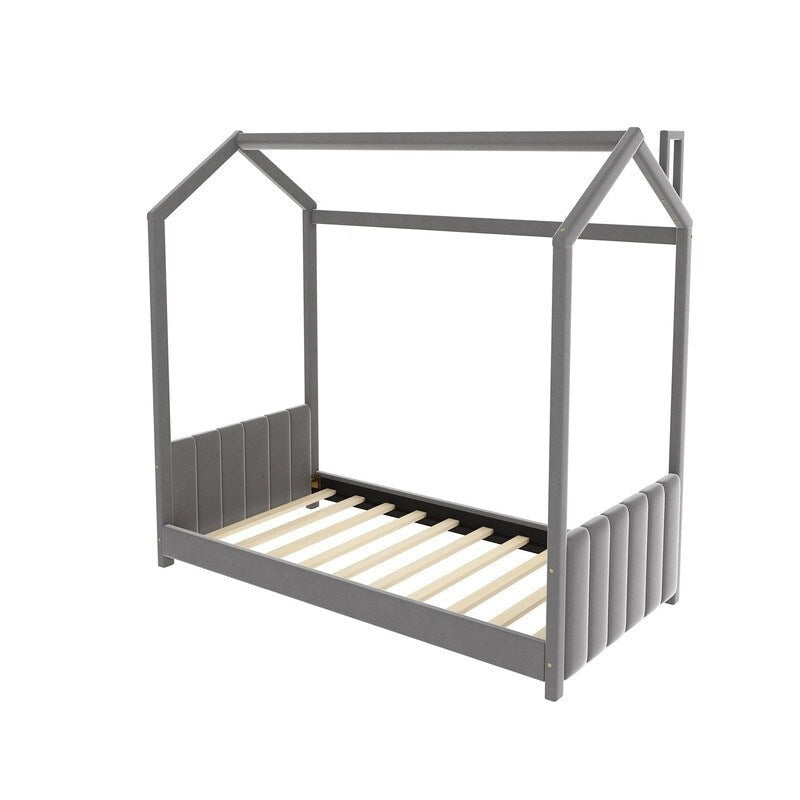 Cama Nido Individual de Terciopelo Gris, 1 Niño, Estructura de Suelo
