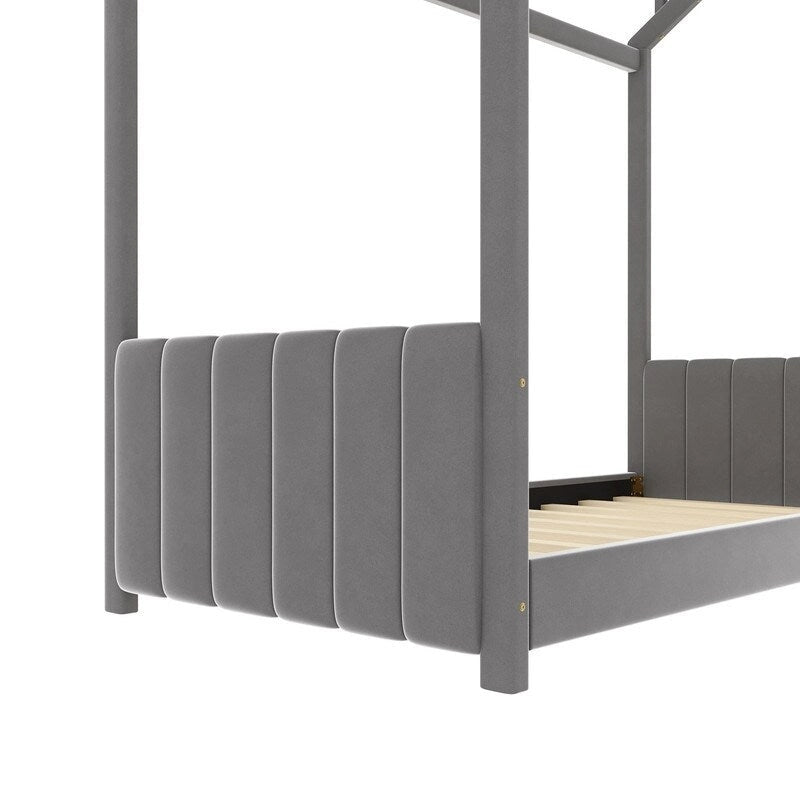 Cama Nido Individual de Terciopelo Gris, 1 Niño, Estructura de Suelo