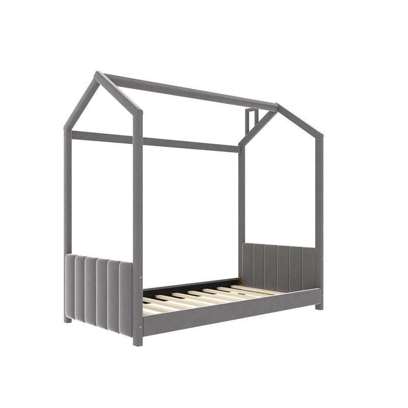 Cama Nido Individual de Terciopelo Gris, 1 Niño, Estructura de Suelo