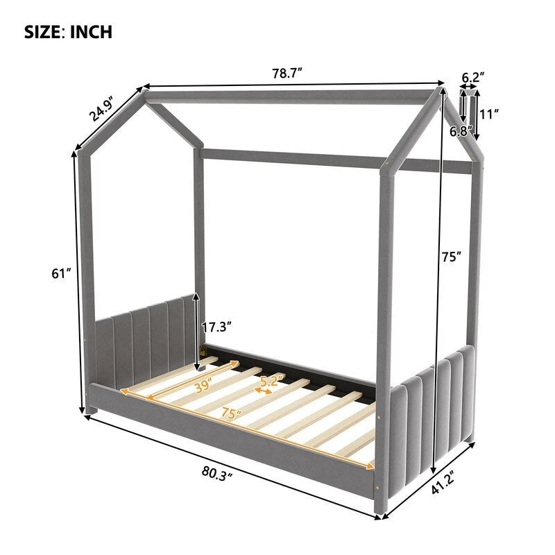 Cama Nido Individual de Terciopelo Gris, 1 Niño, Estructura de Suelo