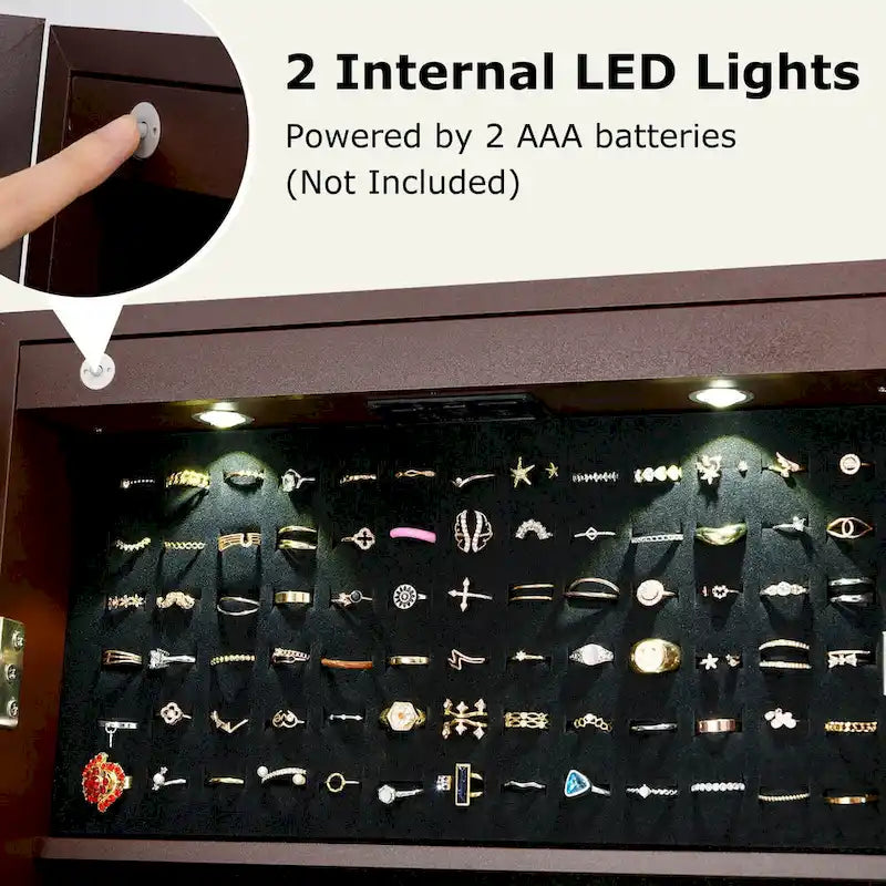 Espejo de cuerpo entero con joyero y luces LED, con cerradura | Negro / Blanco / Marrón