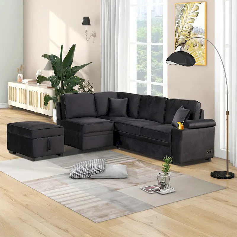 Linen 2 in 1 Pull Out sofa bed L-Shape Couch with Storage Ottoman and Cup Holder Sleeper Sofa Bed with Backrest and Pillows