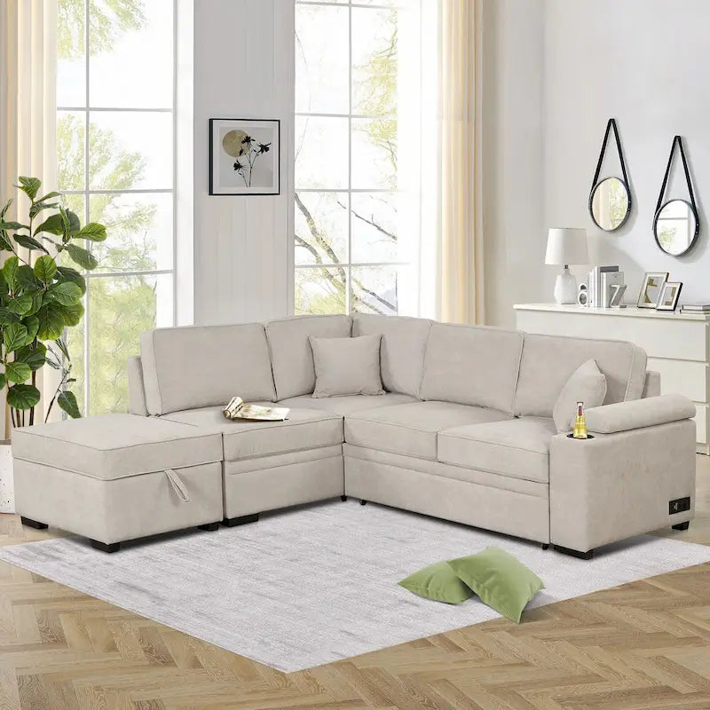 Sofá cama extraíble en forma de L gris / verde / negro / beige con otomana de almacenamiento, 2 plazas
