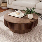 Mesa de centro redonda con almacenamiento – Nogal / Madera natural / Negra, MDF acanalado, 80 o 100 cm