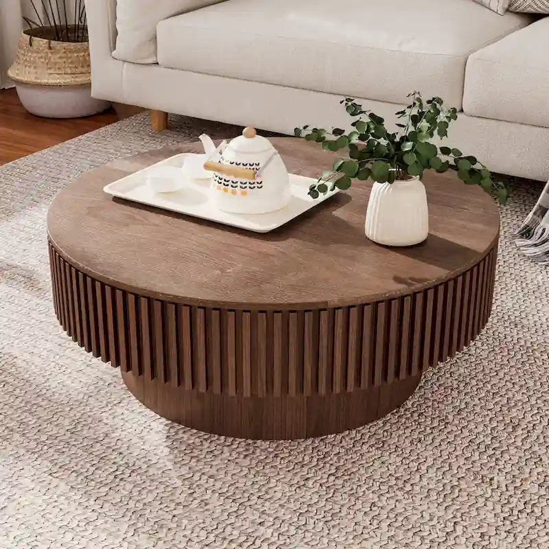 Mesa de centro redonda con almacenamiento – Nogal / Madera natural / Negra, MDF acanalado, 80 o 100 cm