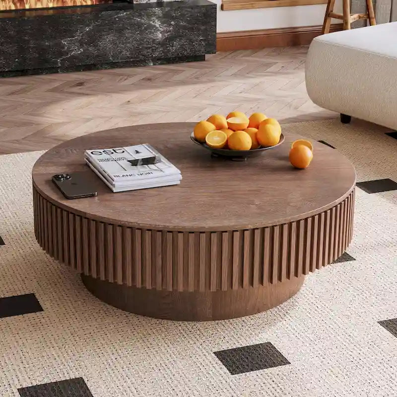 Mesa de centro redonda con almacenamiento – Nogal / Madera natural / Negra, MDF acanalado, 80 o 100 cm