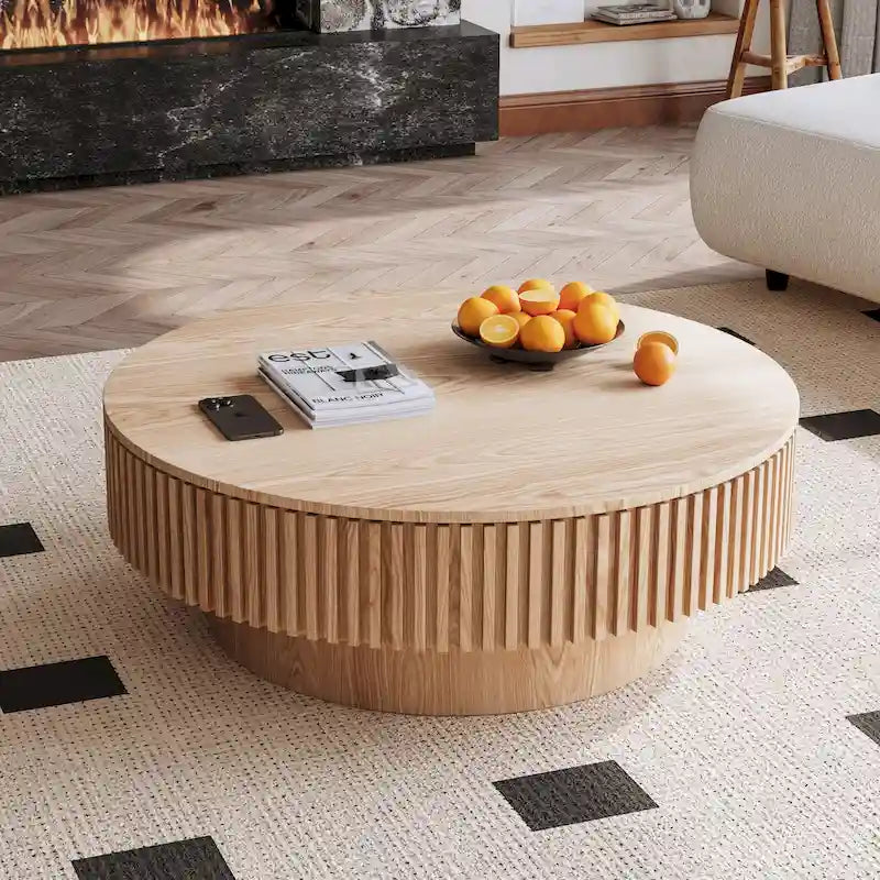 Mesa de centro redonda con almacenamiento – Nogal / Madera natural / Negra, MDF acanalado, 80 o 100 cm