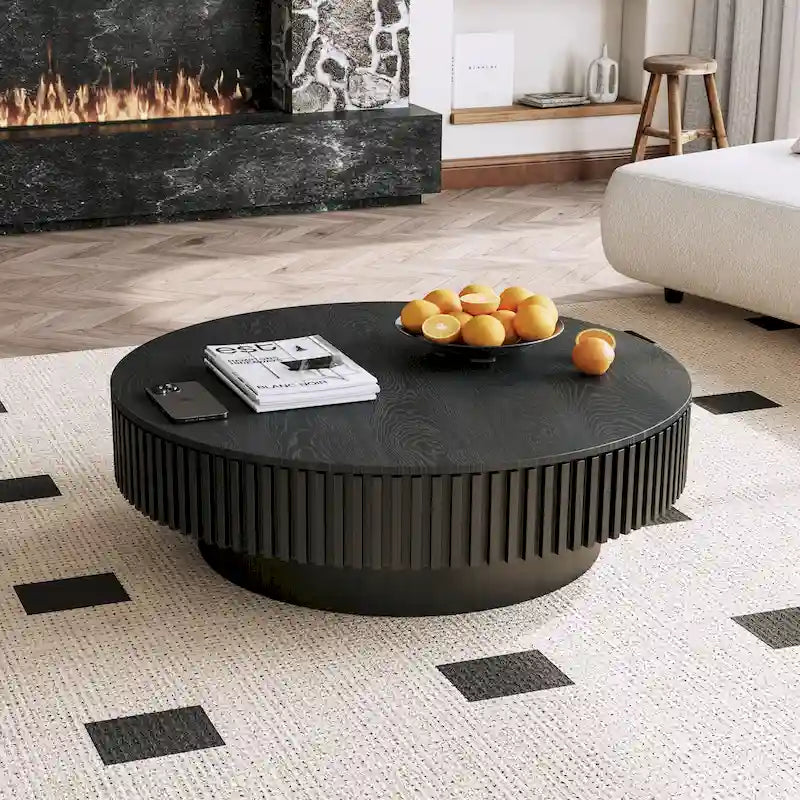 Mesa de centro redonda con almacenamiento – Nogal / Madera natural / Negra, MDF acanalado, 80 o 100 cm