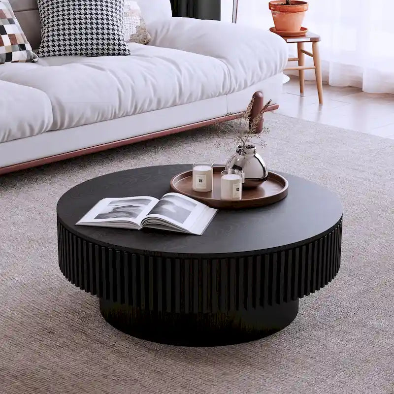 Mesa de centro redonda con almacenamiento – Nogal / Madera natural / Negra, MDF acanalado, 80 o 100 cm
