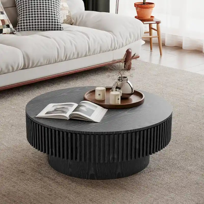 Mesa de centro redonda con almacenamiento – Nogal / Madera natural / Negra, MDF acanalado, 80 o 100 cm