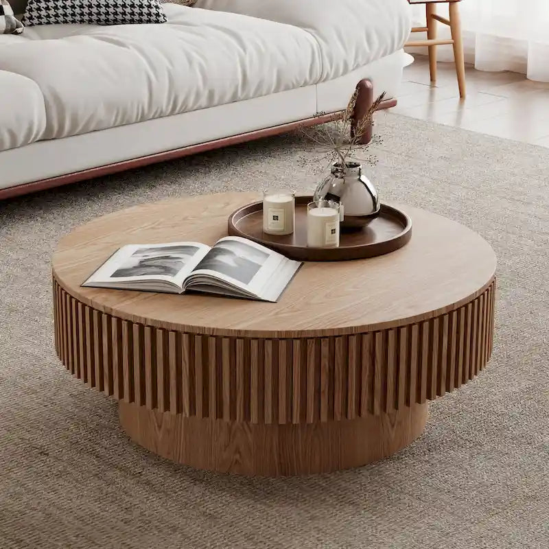 Mesa de centro redonda con almacenamiento – Nogal / Madera natural / Negra, MDF acanalado, 80 o 100 cm