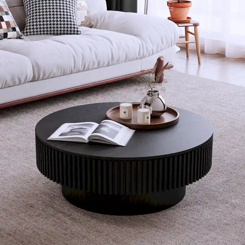 Mesa de centro redonda con almacenamiento – Nogal / Madera natural / Negra, MDF acanalado, 80 o 100 cm
