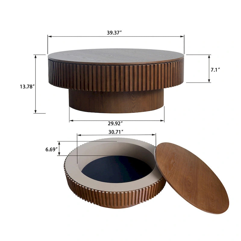 Mesa de centro redonda con almacenamiento – Nogal / Madera natural / Negra, MDF acanalado, 80 o 100 cm