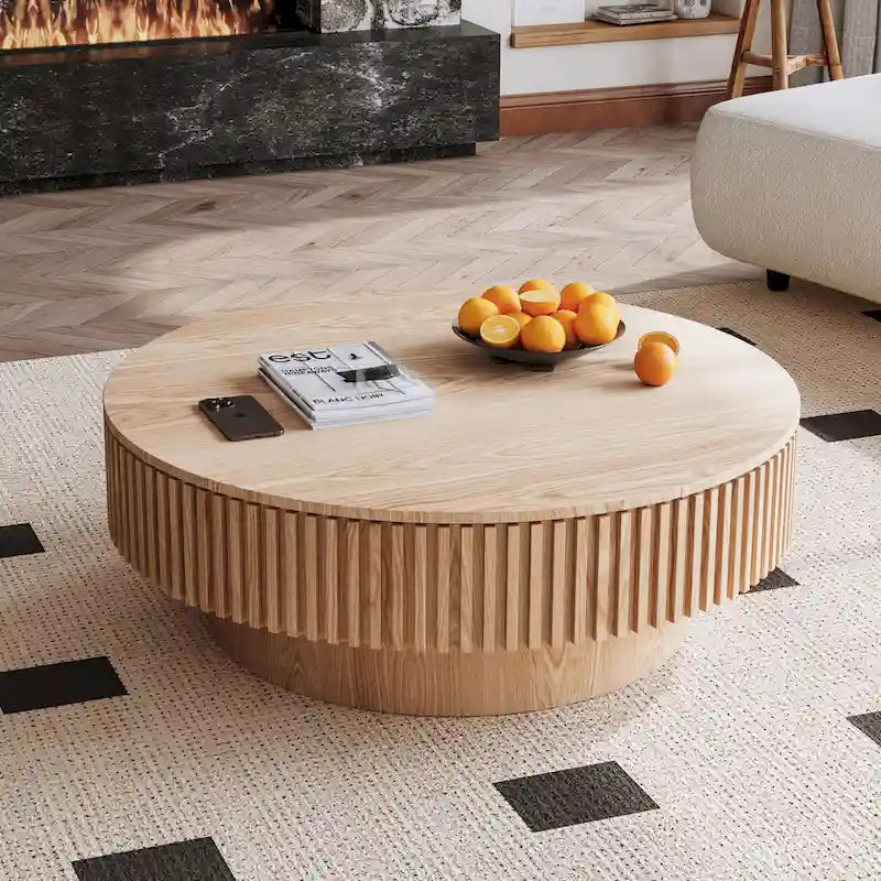Mesa de centro redonda con almacenamiento – Nogal / Madera natural / Negra, MDF acanalado, 80 o 100 cm