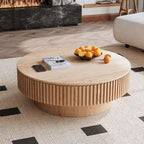 Mesa de centro redonda con almacenamiento – Nogal / Madera natural / Negra, MDF acanalado, 80 o 100 cm