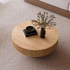Mesa de centro redonda con almacenamiento – Nogal / Madera natural / Negra, MDF acanalado, 80 o 100 cm