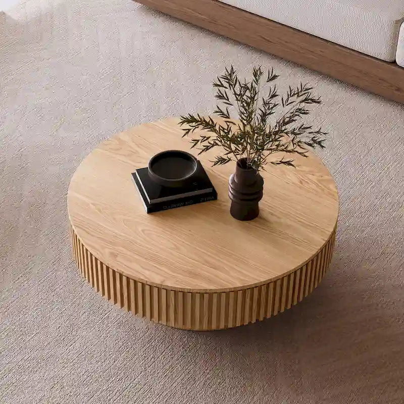 Mesa de centro redonda con almacenamiento – Nogal / Madera natural / Negra, MDF acanalado, 80 o 100 cm