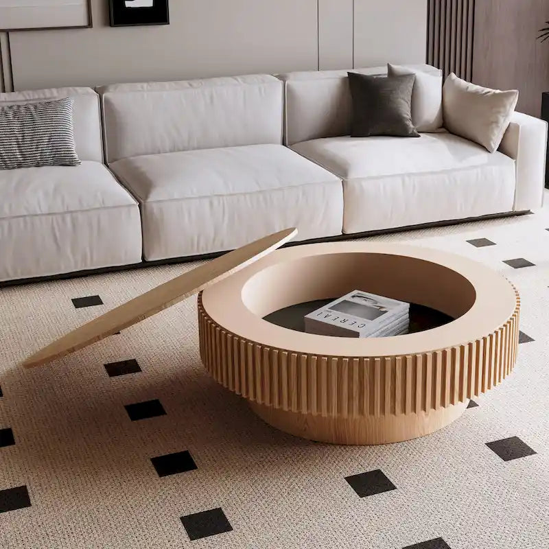 Mesa de centro redonda con almacenamiento – Nogal / Madera natural / Negra, MDF acanalado, 80 o 100 cm