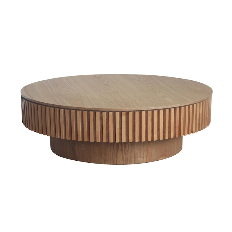 Mesa de centro redonda con almacenamiento – Nogal / Madera natural / Negra, MDF acanalado, 80 o 100 cm