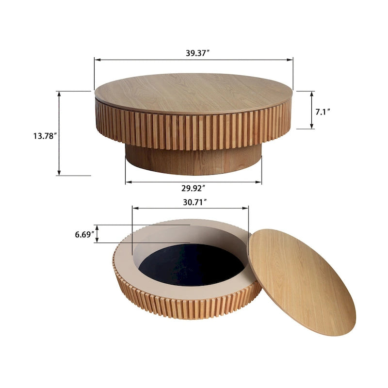 Mesa de centro redonda con almacenamiento – Nogal / Madera natural / Negra, MDF acanalado, 80 o 100 cm