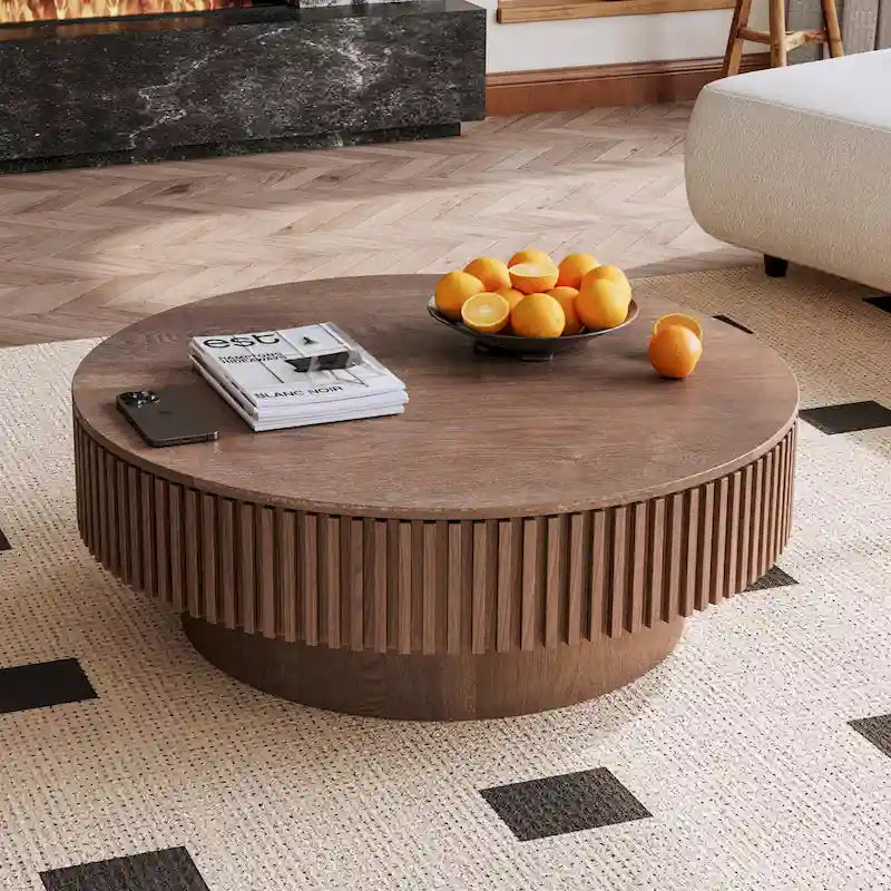 Mesa de centro redonda con almacenamiento – Nogal / Madera natural / Negra, MDF acanalado, 80 o 100 cm