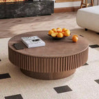 Mesa de centro redonda con almacenamiento – Nogal / Madera natural / Negra, MDF acanalado, 80 o 100 cm