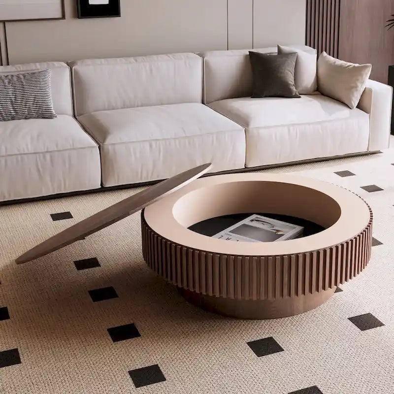 Mesa de centro redonda con almacenamiento – Nogal / Madera natural / Negra, MDF acanalado, 80 o 100 cm