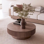Mesa de centro redonda con almacenamiento – Nogal / Madera natural / Negra, MDF acanalado, 80 o 100 cm