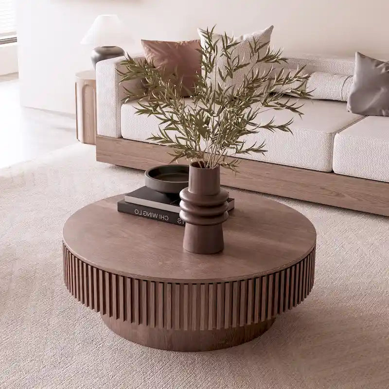 Mesa de centro redonda con almacenamiento – Nogal / Madera natural / Negra, MDF acanalado, 80 o 100 cm