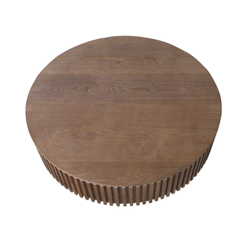Mesa de centro redonda con almacenamiento – Nogal / Madera natural / Negra, MDF acanalado, 80 o 100 cm