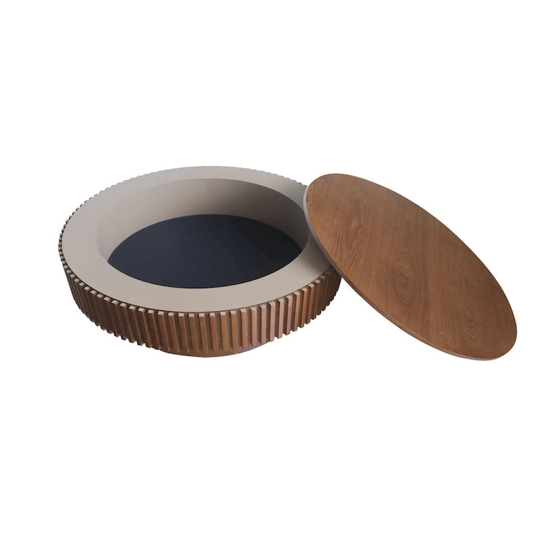 Mesa de centro redonda con almacenamiento – Nogal / Madera natural / Negra, MDF acanalado, 80 o 100 cm