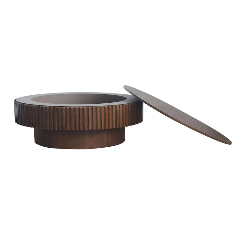 Mesa de centro redonda con almacenamiento – Nogal / Madera natural / Negra, MDF acanalado, 80 o 100 cm