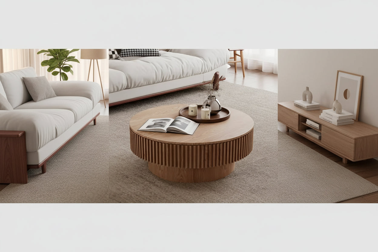Mesa de centro redonda con almacenamiento – Nogal / Madera natural / Negra, MDF acanalado, 80 o 100 cm