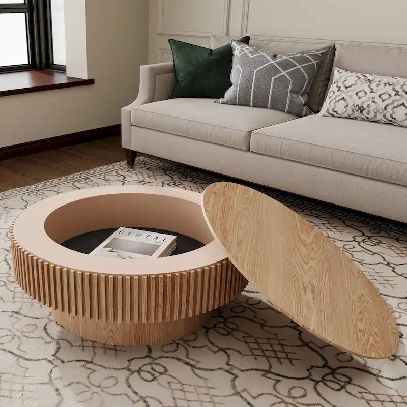 Mesa de centro redonda con almacenamiento – Nogal / Madera natural / Negra, MDF acanalado, 80 o 100 cm