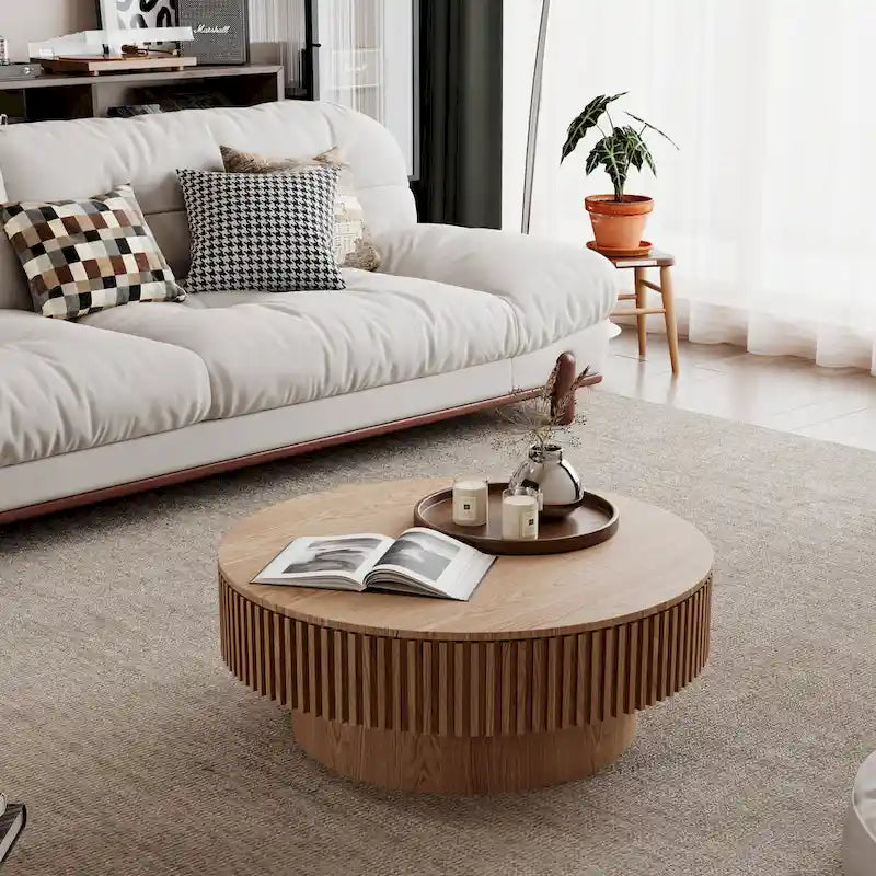Mesa de centro redonda con almacenamiento – Nogal / Madera natural / Negra, MDF acanalado, 80 o 100 cm