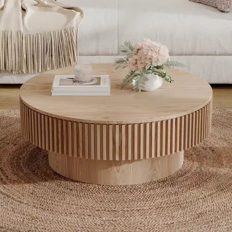 Mesa de centro redonda con almacenamiento – Nogal / Madera natural / Negra, MDF acanalado, 80 o 100 cm