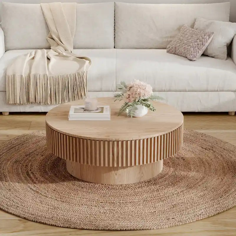 Mesa de centro redonda con almacenamiento – Nogal / Madera natural / Negra, MDF acanalado, 80 o 100 cm