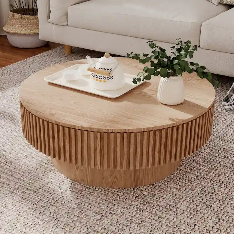 Mesa de centro redonda con almacenamiento – Nogal / Madera natural / Negra, MDF acanalado, 80 o 100 cm
