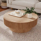 Mesa de centro redonda con almacenamiento – Nogal / Madera natural / Negra, MDF acanalado, 80 o 100 cm