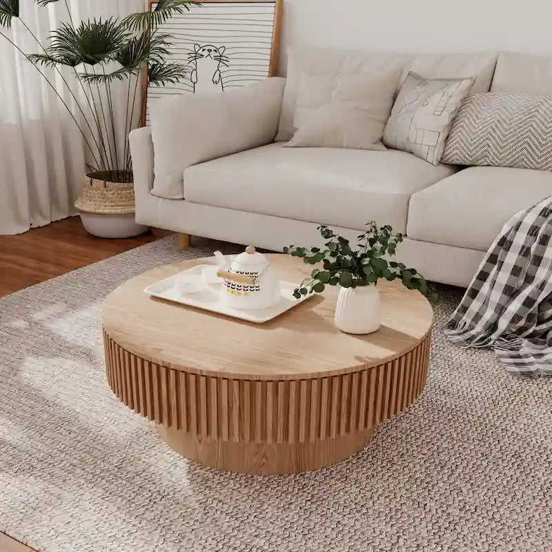 Mesa de centro redonda con almacenamiento – Nogal / Madera natural / Negra, MDF acanalado, 80 o 100 cm