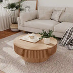 Mesa de centro redonda con almacenamiento – Nogal / Madera natural / Negra, MDF acanalado, 80 o 100 cm