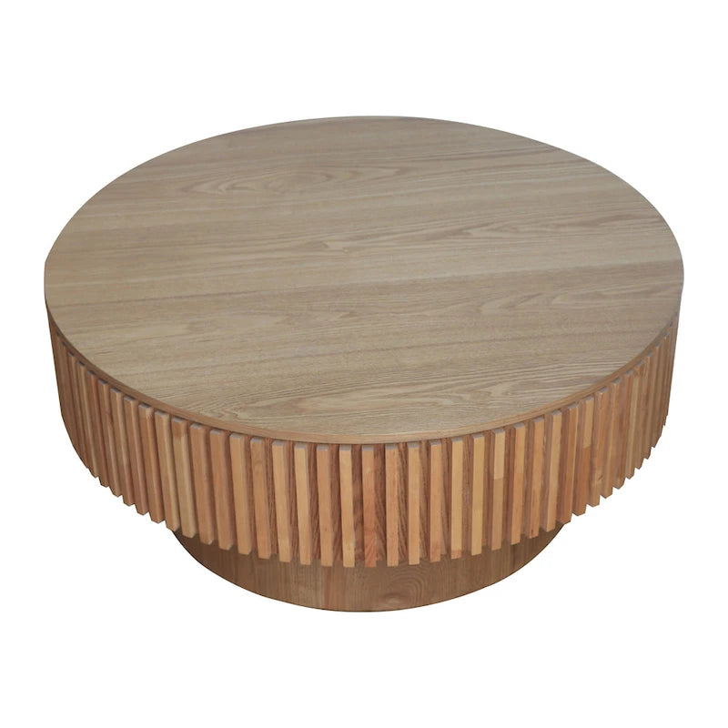 Mesa de centro redonda con almacenamiento – Nogal / Madera natural / Negra, MDF acanalado, 80 o 100 cm