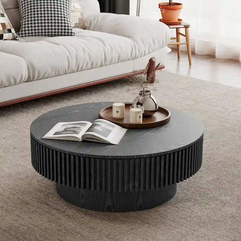 Mesa de centro redonda con almacenamiento – Nogal / Madera natural / Negra, MDF acanalado, 80 o 100 cm
